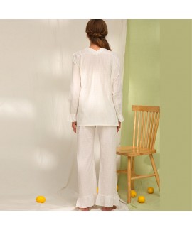 Women's Plus Size Loose Cotton Princess Long Sleeve Pajamas Set - V - neck Nightgown & Trousers