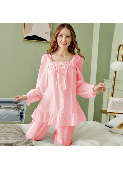 Cotton Princess Long-Sleeve Pajama Set – Elegant Victorian Sleepwear with Lace Trim