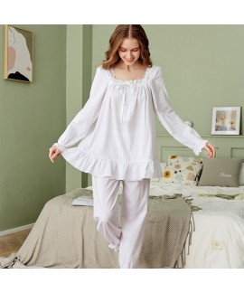 Cotton Princess Long-Sleeve Pajama Set – Elegant Victorian Sleepwear with Lace Trim