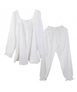 Cotton Princess Long-Sleeve Pajama Set – Elegant Victorian Sleepwear with Lace Trim