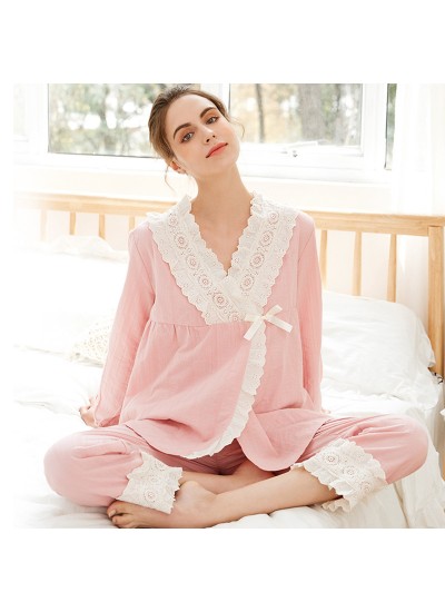 Women's Plus Size Loose Korean - style Pink Jacquard Cotton Long Sleeve Pajamas Set with 7 - point Pants and Cute Lace