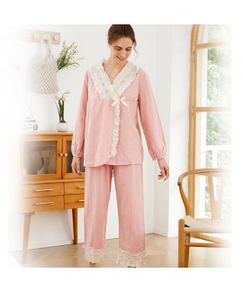 Women's Plus Size Loose Korean - style Pink Jacquard Cotton Long Sleeve Pajamas Set with 7 - point Pants and Cute Lace