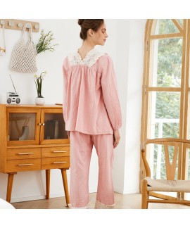 Women's Plus Size Loose Korean - style Pink Jacquard Cotton Long Sleeve Pajamas Set with 7 - point Pants and Cute Lace