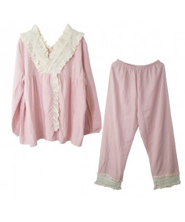 Women's Plus Size Loose Korean - style Pink Jacquard Cotton Long Sleeve Pajamas Set with 7 - point Pants and Cute Lace