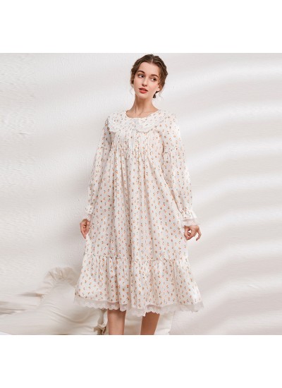 Women's Plus Size Loose European - American Court - style Long Sleeve Princess Cotton Nightgown with Floral Print