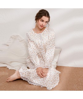 Women's Plus Size Loose European - American Court - style Long Sleeve Princess Cotton Nightgown with Floral Print