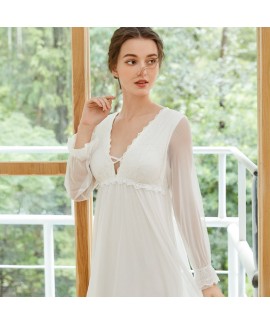 Court - style Vintage Princess Long Sleeve Long Nightgown for Women - Mesh, with Bra Pads, Suitable for Autumn