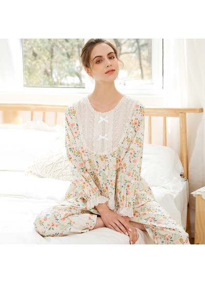 European - American Spring New Luxury - style Cotton Long Sleeve Pajamas Set for Young Women - Princess Lace, Countryside Flowers, Wearable Outdoors