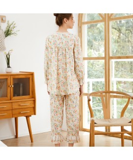 European - American Spring New Luxury - style Cotton Long Sleeve Pajamas Set for Young Women - Princess Lace, Countryside Flowers, Wearable Outdoors