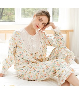 European - American Spring New Luxury - style Cotton Long Sleeve Pajamas Set for Young Women - Princess Lace, Countryside Flowers, Wearable Outdoors