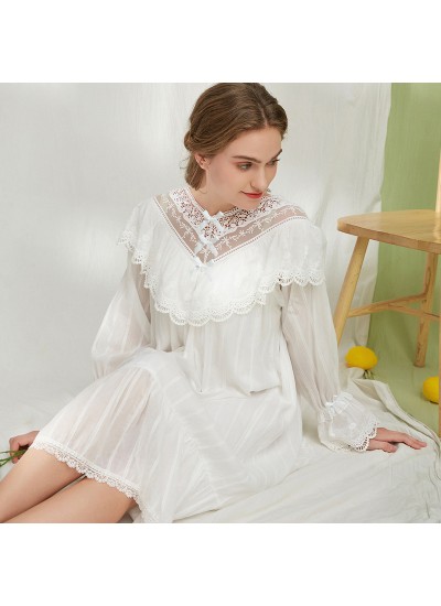 Women's Plus Size Loose Long Sleeve Lace Princess Cotton Nightgown - Pajamas for Big Girls