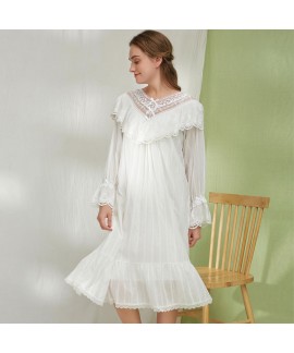 Women's Plus Size Loose Long Sleeve Lace Princess Cotton Nightgown - Pajamas for Big Girls