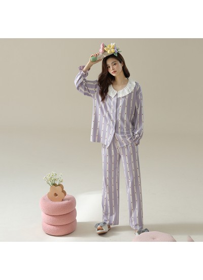 Antibacterial Pure Cotton Women's Long-Sleeve Striped Princess-Style Pajamas for Fall