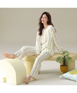 Antibacterial Pure Cotton Women's Long-Sleeve Striped Princess-Style Pajamas for Fall