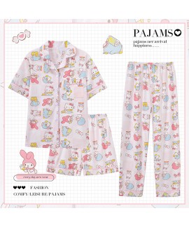 Hello Kitty Women's Short-sleeved Pajamas Three-piece Set Sanrio Pure Cotton Cute Home Clothes