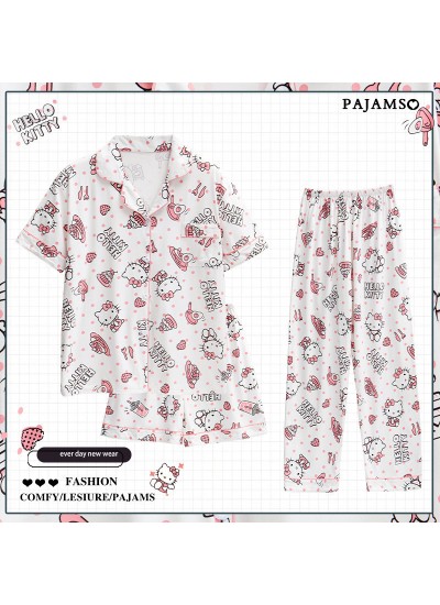 Hello kitty Summer Women's Short-sleeved Pajamas Three-piece Set Pure Cotton Cute Sanrio Home Clothes