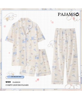 Hello kitty Summer Women's Short-sleeved Pajamas Three-piece Set Pure Cotton Cute Sanrio Home Clothes