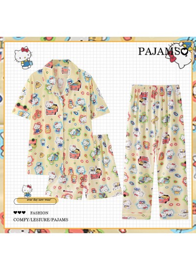 Hello Kitty Women's Short-sleeved Pajamas Three-piece Set Pure Cotton Cute Sanrio Home Slothes