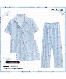 Crayon Shin-chan Summer Women's Short-sleeved Pajamas Three-piece Set Pure Cotton Cute Cinnamoroll Home Clothes