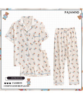 Bear, Puppy Summer Pure Cotton Ladies Cartoon Pajamas Three-piece Set