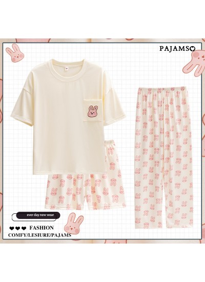 Rabbit,Crayon Shin-chan Cartoon Summer Cotton Ladies Pajamas Three-piece Set