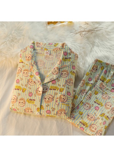 Fujiya,Lemon, Bear, Fart Peach Pure Cotton Long-sleeved Cute Cartoon Women's Pajama Set