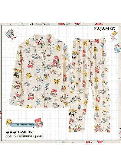 Sanrio Kitty Pure Cotton Long-sleeved Cute Cartoon Women's Pajama Set