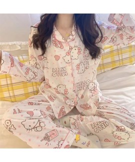 Sanrio Kitty Pure Cotton Long-sleeved Cute Cartoon Women's Pajama Set