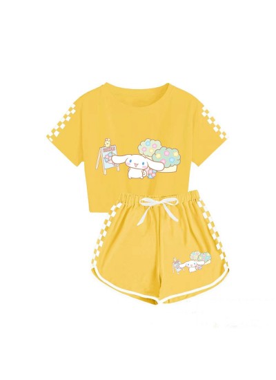 Boys' And Girls' Cinnamoroll T-Shirt Shorts Pajamas Set Cinnamoroll And Flowers Print Tracksuit