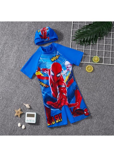 Summer Kids Boys Spider-Man, Superman, Iron Man One Piece Swimsuit Suit Spider-Man Hat