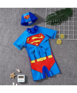 Summer Kids Boys Spider-Man, Superman, Iron Man One Piece Swimsuit Suit Spider-Man Hat