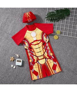 Summer Kids Boys Spider-Man, Superman, Iron Man One Piece Swimsuit Suit Spider-Man Hat