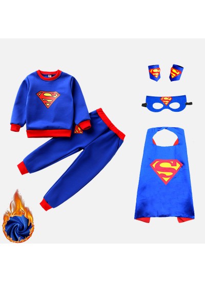 Plus Velvet Superman Cape Clothes Halloween Children's Costume Two-piece Sets