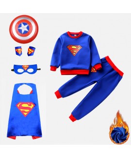 Plus Velvet Superman Cape Clothes Halloween Children's Costume Two-piece Sets