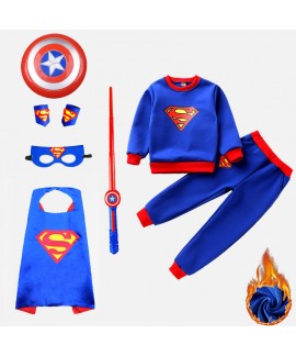 Plus Velvet Superman Cape Clothes Halloween Children's Costume Two-piece Sets