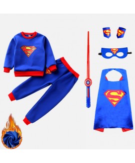 Plus Velvet Superman Cape Clothes Halloween Children's Costume Two-piece Sets