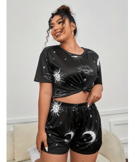 Plus Size Casual Pajama Two Piece Set Womens Plus Moon Star Print Short Sleeve Tee Shorts Pajama 2 Piece Set 