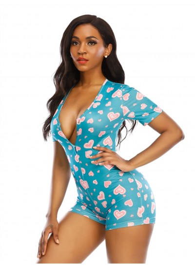 Heart Pattern Allover Print Zip Up Pajama 