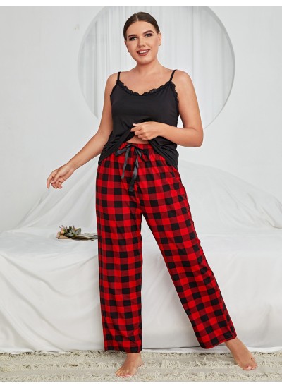 Plus Size Contrast Lace &Gingham Print Pajama Set