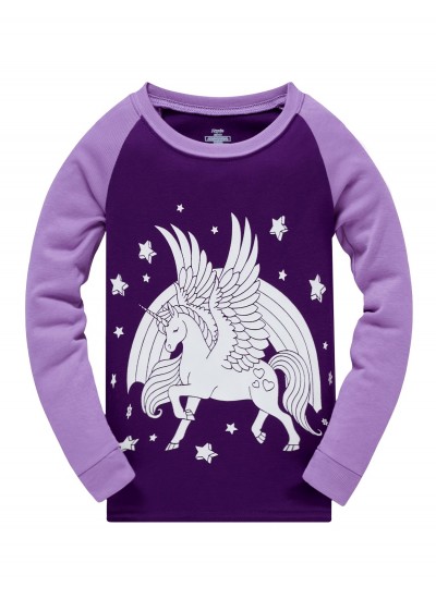 Popshion 2pcs Girls Fluorescent Unicorn Glowing Cartoon Purple Long-sleeved Pajamas Cotton Suit 