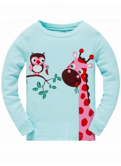 Christmas Price Cuts Popshion 2pcs Girls Color Giraffe Cartoon Owl Long Sleeve Pajamas Cotton Suit 