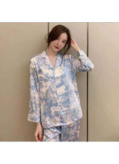 2023 New Summer Women's Short Sleeve Ice Blue Ice Pajama Set with Loose Fit Home Wear