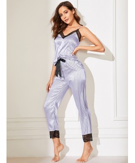 Striped Print Pajama Set, V Neck Cami Top & Lace Trim Pants, Women's Sleepwear & Loungewear 