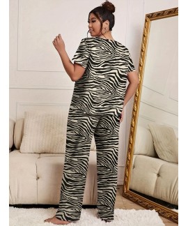 Plus Size Casual Pajama Set Womens Plus Zebra Print Short Sleeve Top Pants Pajama Two Piece Set 