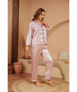 Print Satin Pajama Set, Long Sleeve Lapel Top & Elastic Waistband Pants, Women's Sleepwear & Loungewear 