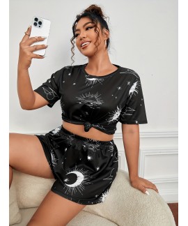 Plus Size Casual Pajama Two Piece Set Womens Plus Moon Star Print Short Sleeve Tee Shorts Pajama 2 Piece Set 