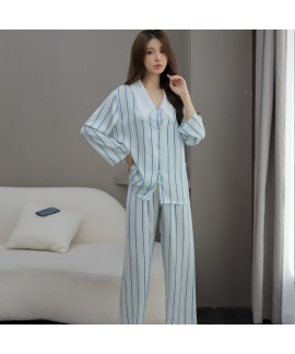 2023 Spring Summer New Arrival Women's Blue Wind Chime Pajama Set in Ice Silk with Long Sleeve and Long Pants for Home Wear