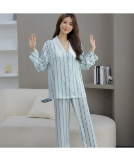 2023 Spring Summer New Arrival Women's Blue Wind Chime Pajama Set in Ice Silk with Long Sleeve and Long Pants for Home Wear