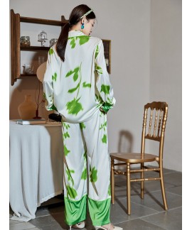 2023 Spring and Autumn New Floating Light and Glimpse High-end Ice Silk Two-piece Set Can Be Worn Out Home Clothes Long-sleeved Pajamas Set