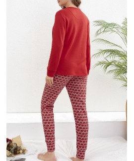 Long Sleeve Crew Neck Christmas Elk Print Women Pajama Set